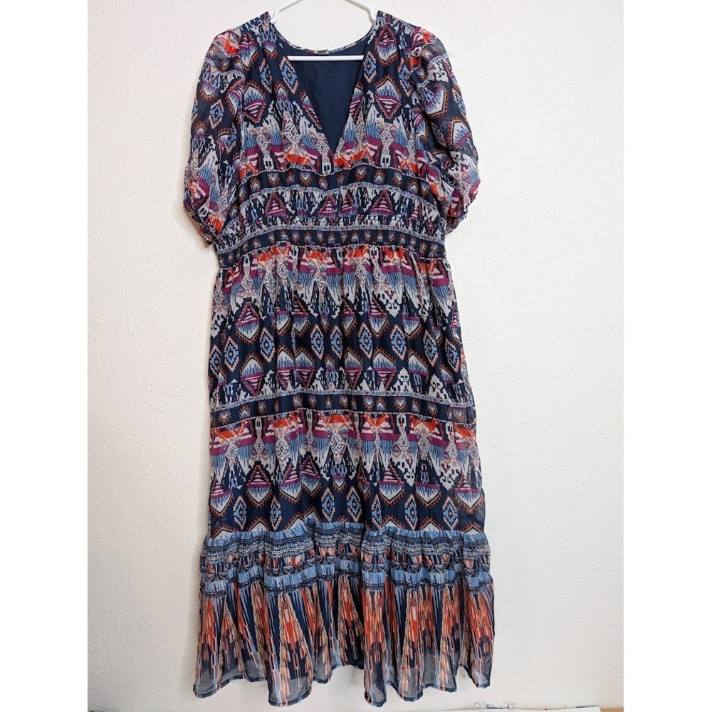 Old Navy Tiered Midi Dress Womens Size XL Blue Aztec Pockets Boho‎ Cotton Sheer
